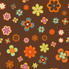 Colorful Floral Vector Seamless Pattern. Retro 70s Style Nostalgic Fashion Textile Bold Background. Summer Resort Print. Daisies. Flower Power