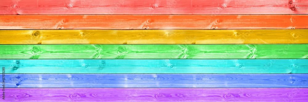 Pastel colorful rainbow painted wood planks panoramic background. Rainbow flag, LGBTQ pride web banner - obrazy, fototapety, plakaty 