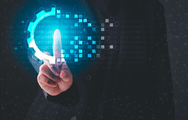 Wall Mural - digital transformation concept. hand touching modern interface futuristic blue gear digital and bina