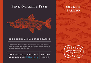 Wall Mural - Premium Quality Ocean Sockeye Salmon Abstract Vector Packaging Design or Label. Modern Typography and Hand Drawn Sketch Fish Pattern Background Seafood Layout