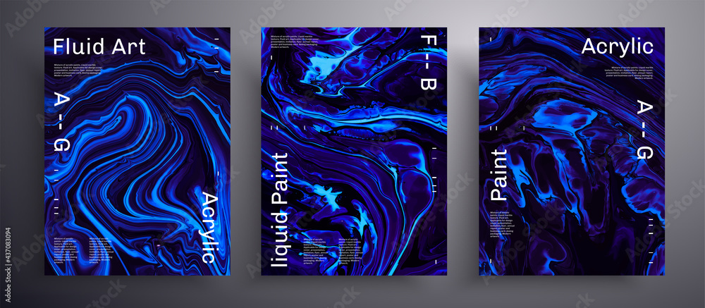 Abstract acrylic poster, fluid art vector texture pack. Trendy background that applicable for design cover, invitation, presentation and etc. Purple, aquamarine and black creative iridescent artwork. - obrazy, fototapety, plakaty 