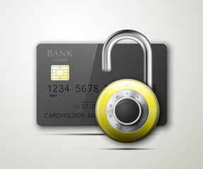 Credit card safe combination lock. Protection credit card. Safety badge banking. Defense finans. Security Plastic card software. Debit card electromagnetic chip Privacy Electronic money funds transfer