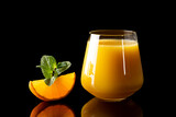 Fototapeta Na ścianę - fresh orange juice into glass goblet on black background