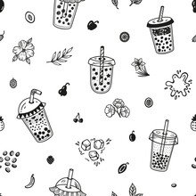 Vector Cute Bubble Tea Seamless Pattern. Black White Background With Plastic Or Paper Takeaway Cups. Summer Pearl Milk Beverage, Fruits, Flowers, Leaves. Boba Tea Drinks With Tapioca. Birthday Party