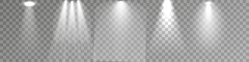 set of spotlight isolated on transparent background. vector glowing light effect with white rays and
