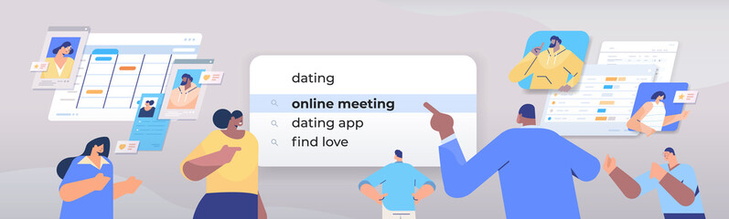 mix race people choosing dating in search bar on virtual screen online meeting find love internet networking concept