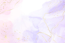 Abstract Two Colored Rose And Lavender Liquid Marble Background With Gold Stripes And Glitter Dust. Pastel Pink Violet Watercolor Drawing Effect. Vector Illustration Backdrop With Gold Splatter