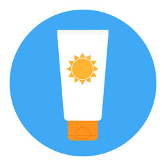 Sunscreen bottle colored flat vector icon. White SPF sunblock cream tube with sun label on round blue background. Skin care cosmetic bottle bright colorful sticker. Sun safety cosmetic product.