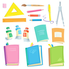 Wall Mural - Set of school items. Books, exercise books, pen, pencils, compass, paints, brush, eraser and rulers. In cartoon style. Isolated on white background. Vector flat illustration