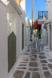 Fototapeta Uliczki - Traditional Cycladitic alley with a narrow street, whitewashed houses and a blooming bougainvillea in Parikia, Paros island, Greece