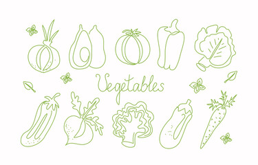 Set of vegetables, icons. One line drawings. Line art illustration. Vector graphics. Isolated background.