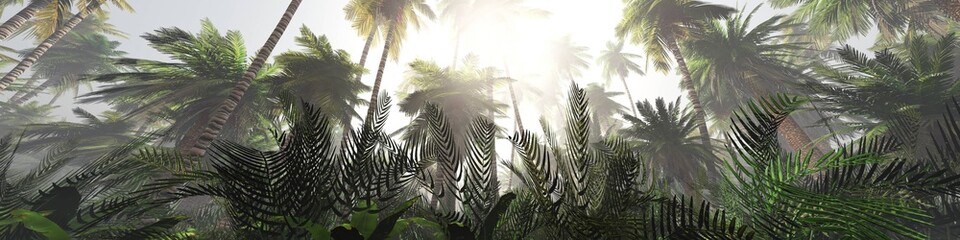 Canvas Print - Jungle in the morning in the sun, palm trees in the fog, tropical forest in the haze, 3D rendering