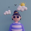 © beingeniusloci - Casual young girl with glasses, in hoodie with short hair. Young girl avatar in minimal art style. 3d illustration.