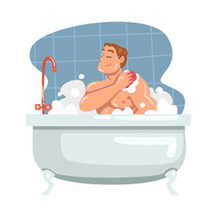 Wall Mural - Young Male Bathing in the Bathtub Washing Her Body with Soap and Shower Puff Vector Illustration