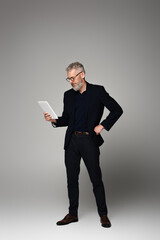 Wall Mural - full length of man with grey hair looking at digital tablet and posing on grey