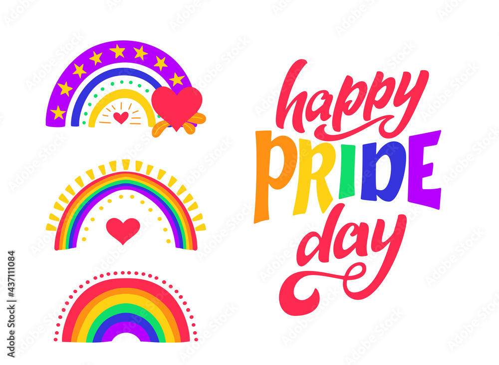 Happy pride day lettering quote. LGBT slogan with rainbows. Human rights and tolerance. Hand drawn poster. Vector illustration - obrazy, fototapety, plakaty 