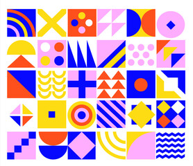 Wall Mural - Geometric minimalistic background with simple geometry shapes and figures-circle,square,triangle,line. Posters,flyers and banner designs for covers,web,business presentation, print.Vector illustration