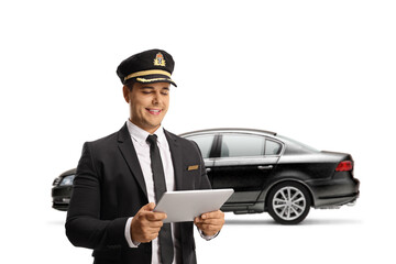 Sticker - Chauffeur with a black car using a digital tablet