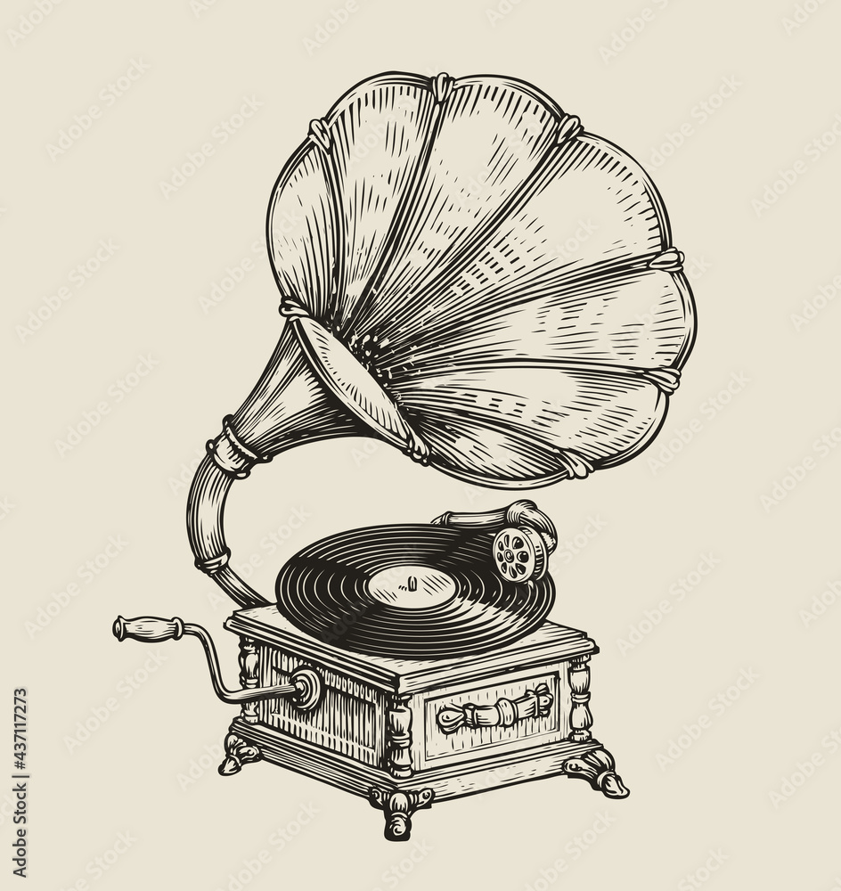 Musical record gramophone in vintage engraved style. Hand drawn sketch vector illustration - obrazy, fototapety, plakaty 