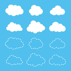 Wall Mural - set of cloud outline icons. nature symbol vector illustration on blue sky background.