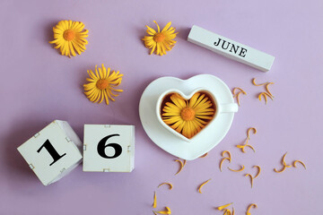 Wall Mural - Calendar for June 16: the name of the month of June in English, cubes with the number 16, a cup of tea with a chamomile in it, yellow chamomile flowers with petals on a pastel background, top view