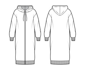 Wall Mural - Dress zip-up hoody technical fashion illustration with long sleeves, rib cuff oversized body, knee length skirt. Flat apparel front, back, white color style. Women, men unisex CAD mockup