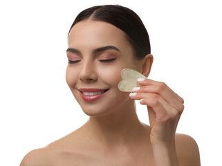 Poster - Beautiful young woman doing facial massage with gua sha tool on white background