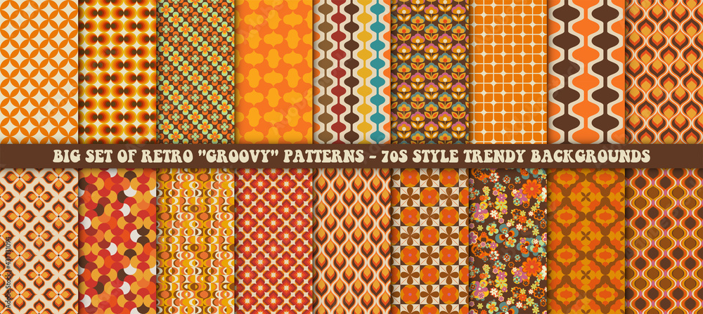 Big set of 18 colorful retro patterns. Vector trendy backgrounds in 70s style. Abstract modern geometric and floral ornaments, vintage backgrounds - obrazy, fototapety, plakaty 