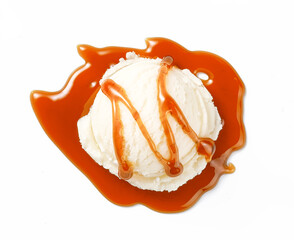 Poster - Scoop of ice cream with caramel sauce isolated. Ice cream on white background. Perfect image for package design of ice cream.