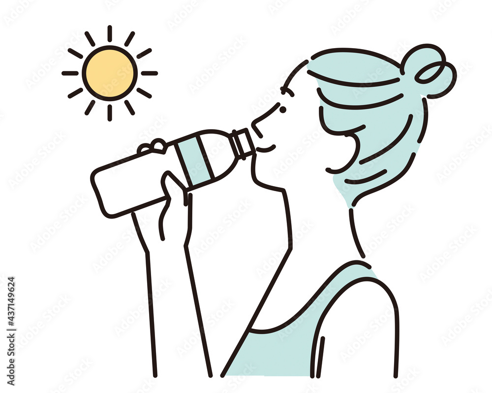 シンプル　イラスト　水分補給にミネラルウォーターを飲む女性