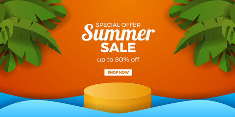 Wall Mural - Summer sale offer promotion banner with orange background with illustration of cylinder podium display and green tropical leaves