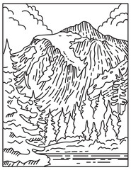 Wall Mural - Mono line illustration of North Cascades National Park located in northern Washington State, United States of America done in retro black and white monoline line art style.