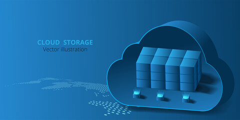 Leinwandbilder -  Cloud data storage concept.Vector illustration Cloud storage on world map.Isometric modern cloud technology on Dark blue background.