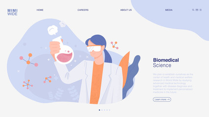 Wall Mural - a researcher is holding a flask and conducting an experiment. online web page concept template. flat