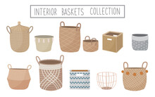 Set Of Hand Drawn Interior Wicker, Woven, Rattan, Wood Baskets. Trendy Empty Storage Items In Doodle Style. Traditional Basket Vector Illustration.