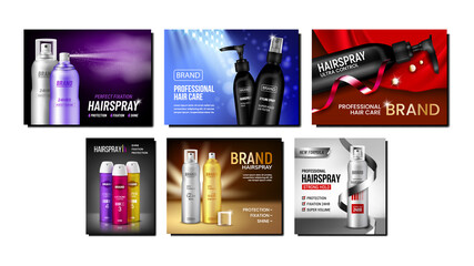 Wall Mural - Hairspray Creative Promotional Posters Set Vector. Hairspray Different Blank Sprayers Bottles Collection Advertising Banners. Elegant Hairstyle Cosmetic Stylish Concept Template Illustrations