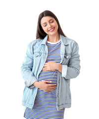 Wall Mural - Young pregnant woman on white background