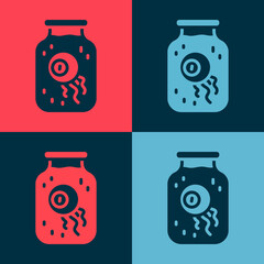 Poster - Pop art Eye in a jar icon isolated on color background. Happy Halloween party. Vector