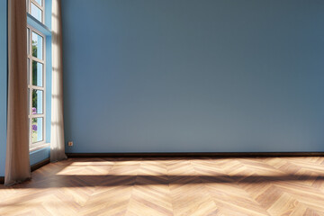 large room with blue colored wall and window; empty interior background with copy space; 3D Rendering