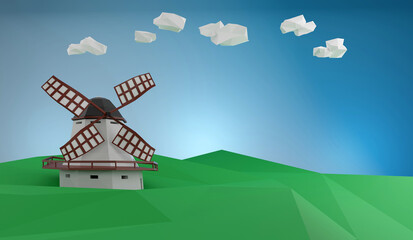 Landscape with wind farm in green fields.3D rendering