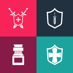 Poster - Set pop art Shield, Poison in bottle, Medieval shield with sword and swords icon. Vector