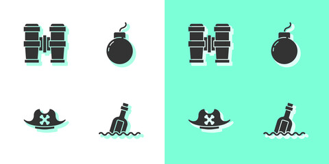 Canvas Print - Set Bottle with message in water, Binoculars, Pirate hat and Bomb ready to explode icon. Vector