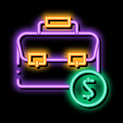 Sticker - Suitcase Bag Case And Dollar Coin neon light sign vector. Glowing bright icon transparent symbol illustration