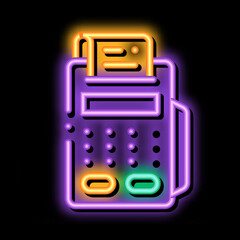 Sticker - Cash Machine Calculator And Check neon light sign vector. Glowing bright icon transparent symbol illustration