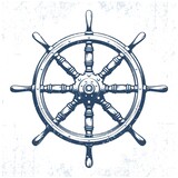 Fototapeta Kosmos - Ship's wheel vintage grunge vector illustration. Retro rudder wheel tattoo.