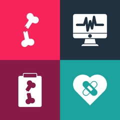 Sticker - Set pop art Healed broken heart, X-ray shots, Monitor with cardiogram and Human bone icon. Vector