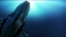 Humpback Whale Is Swimming Through Camera. Close Up Shot Of A Big Humpback Whale Is Swimming Beneath The Surface Of The Water With Sunlight Rays. Scene With Fish Concept. 3D Render.