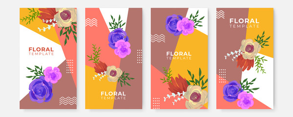  Floral blue banners set. Beautiful Floral Wreath Wedding Invitation Card Template for social media template. Classic blue, white rose, white hydrangea, ranunculus, anemone, thistle flowers