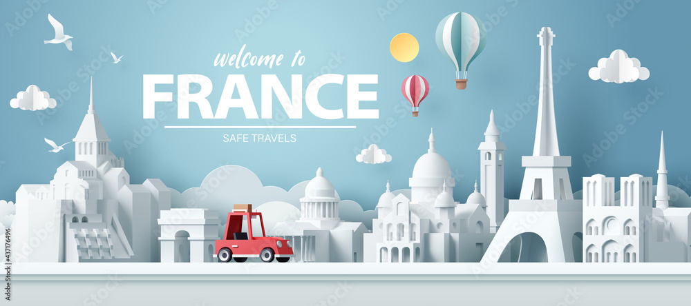 Paper art of red car take travel to paris after covid outbreak end, safe travels and journey in paris concept - obrazy, fototapety, plakaty 