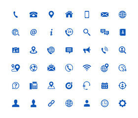 Leinwandbilder - Set of 42 solid contact icons. Blue vector symbols.